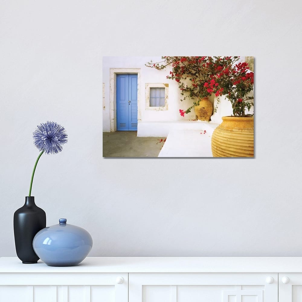 iCanvas "Greece, Santorini. Blue door to house and potted flowers. " by Jaynes Gallery Canvas Print