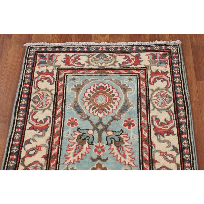 Light Blue Traditional Kazak Runner Rug Handmade Hallway Wool Carpet - 2'1" x 5'9"