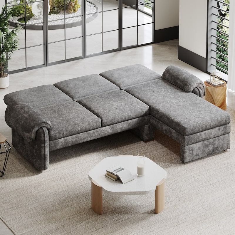 94.1" Convertible Futon Sofa Bed, Adjustable Backrest, Reversible Chaise, Detachable Pillows, Gray Chenille, Living Room