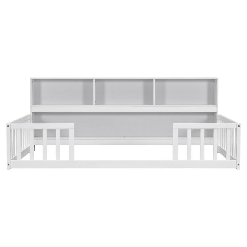 Nestfair Twin Floor Bed with Bedside Bookcase and Shelves and Guardrails