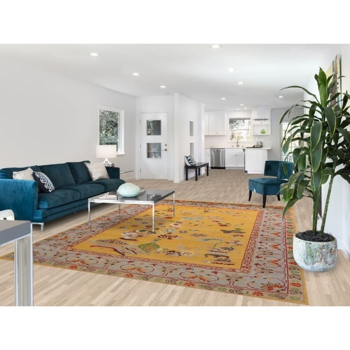 Floral Yellow Heriz Serapi Indian Area Rug Hand-Knotted Wool Carpet - 7'9" x 9'11"