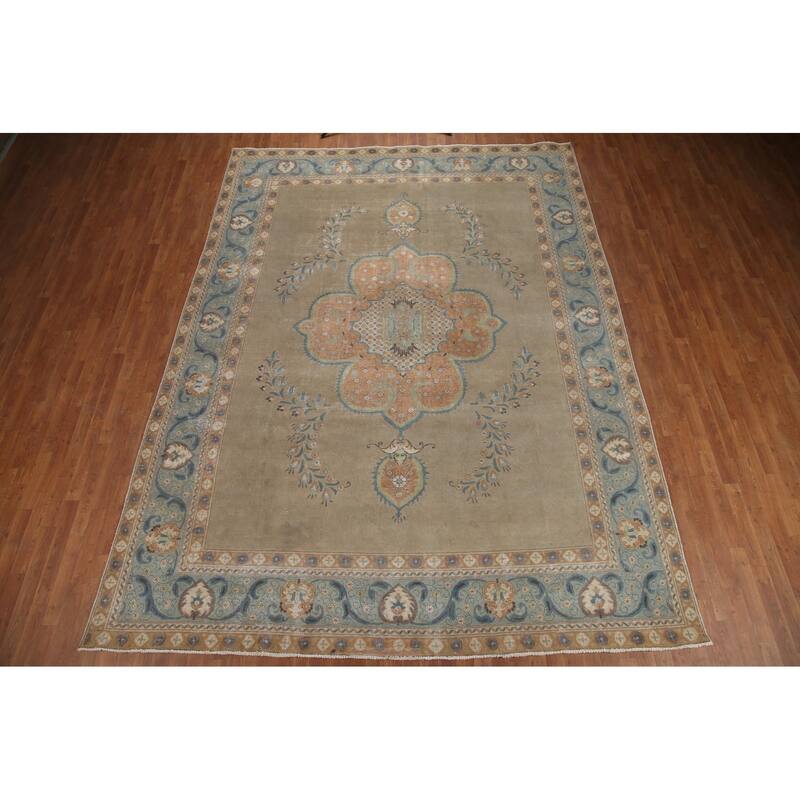 Hand Knotted Oriental 100% Wool Carpet Traditional Medallion Beige & Ivories Tabriz Area Rug - 12' 9'' X 9' 7''