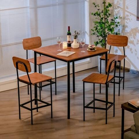 5-Piece Industrial Dining Table Set with Counter Height Table and 4 Bar Stools-Walnut - Walnut