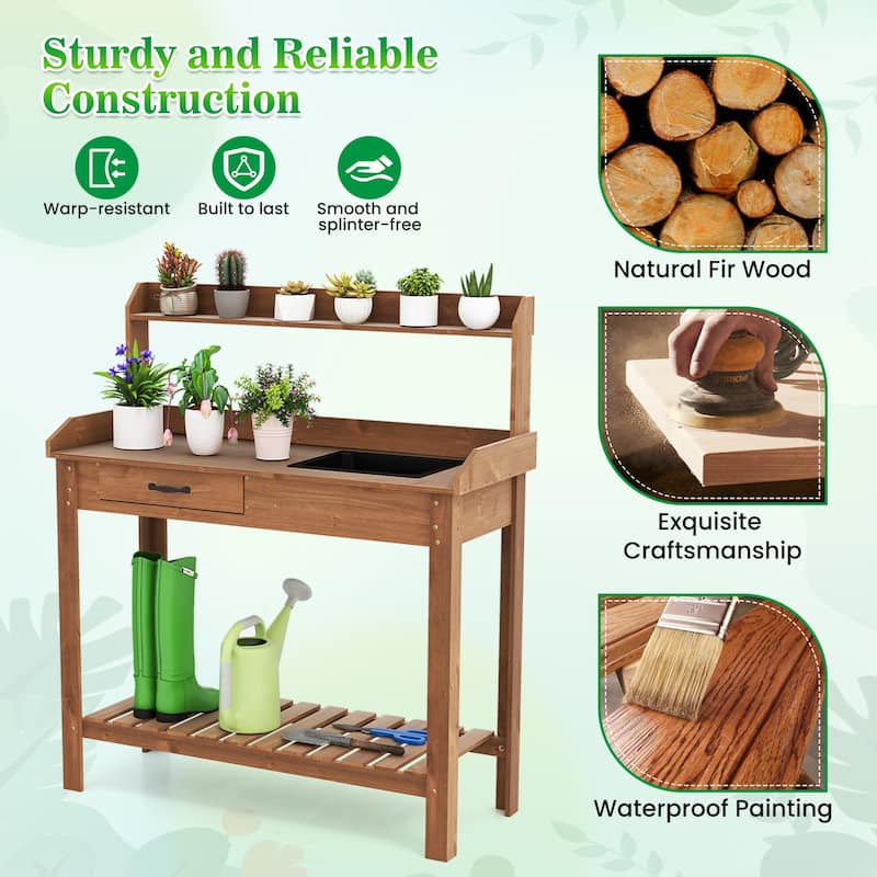 Gymax Potting Bench Outdoor Wooden Garden Table Work Station Solid