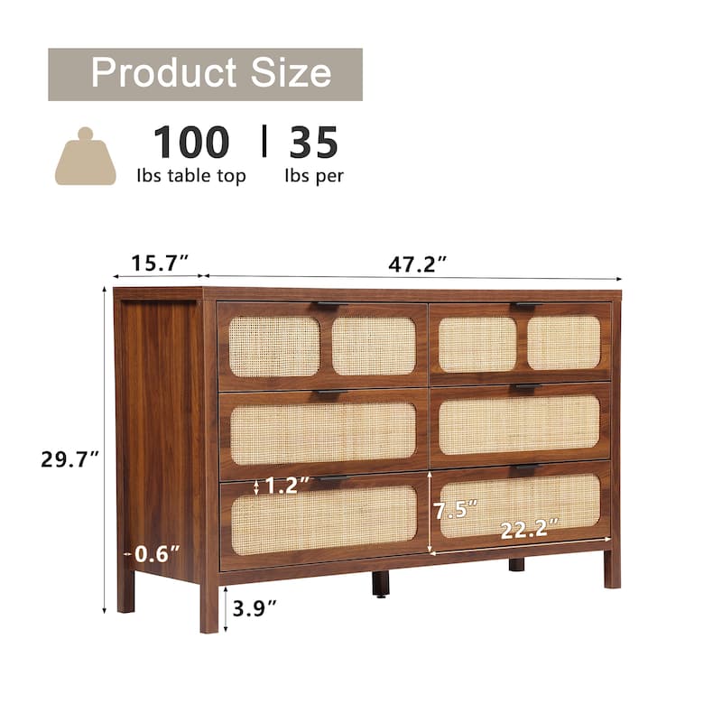 Wooden Rattan Woven 6-Drawer Storage Dresser Cabinet