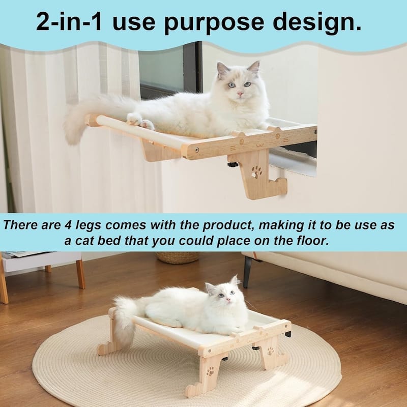 Cat Window Perch for Cats, Adjustable 2-in-1 Hammock Bed, Sturdy Wood Frame, Easy Installation