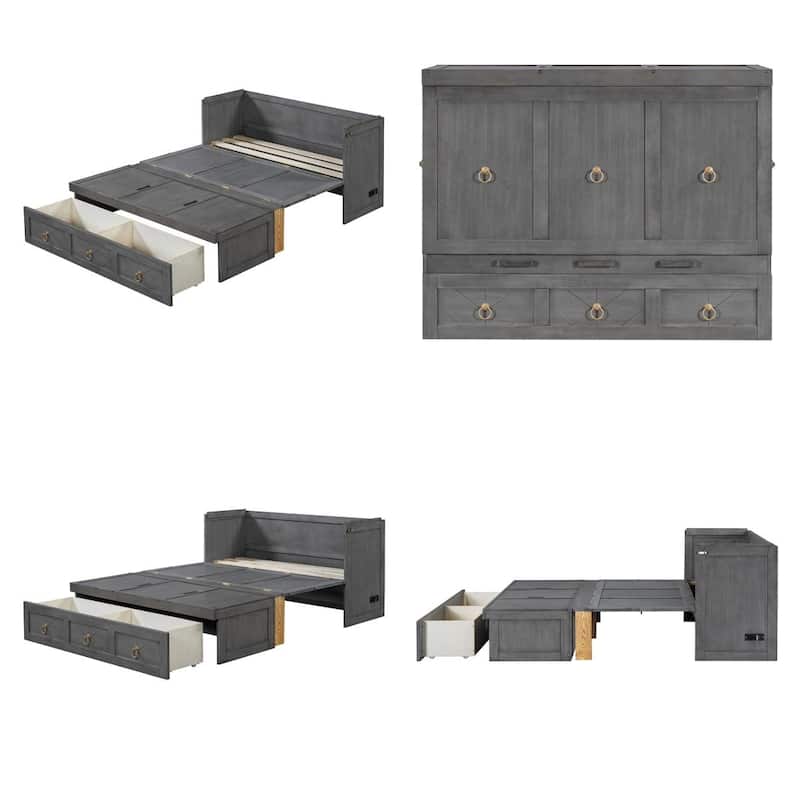 Full Size Wood Murphy Bed with USB Port Module and Drawer