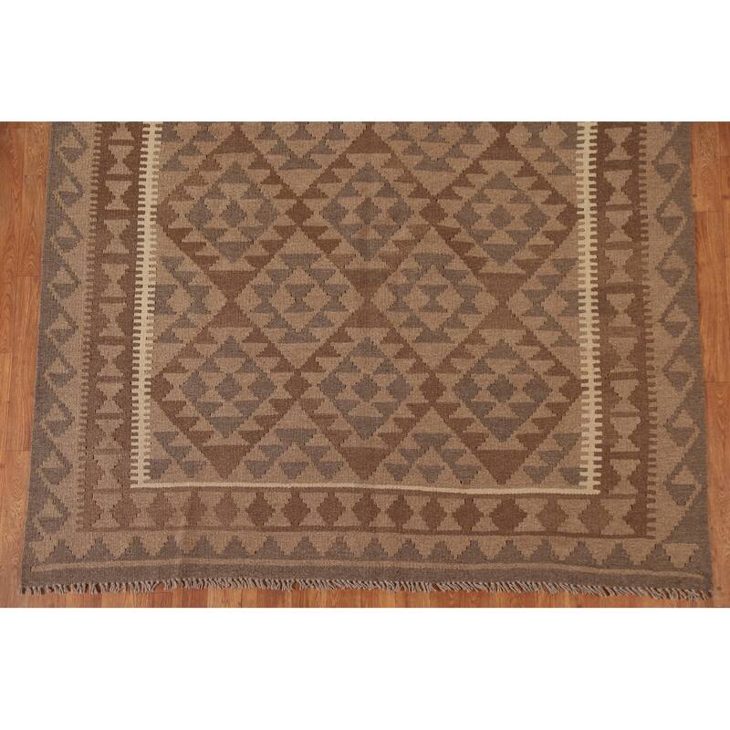 Brown Reversible Kilim Area Rug Flat-weave Oriental Wool Carpet - 5'5" x 8'1"