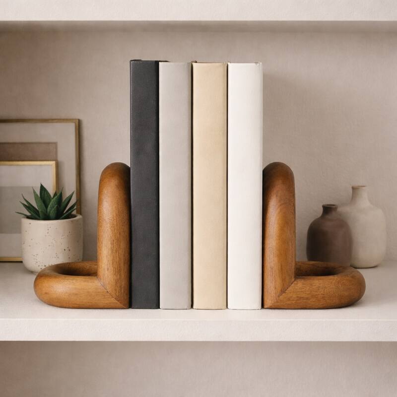 Looped Wooden Book Ends for Desk and Home Decor - Set of 2, 7" - 7.25"