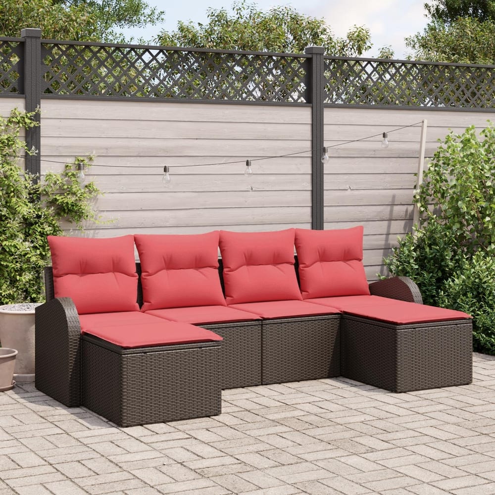 vidaXL 6 Garden Sofa Set with Cushions Black/Brown/Grey Poly Rattan - 92.1 x 24.4 x 27.2