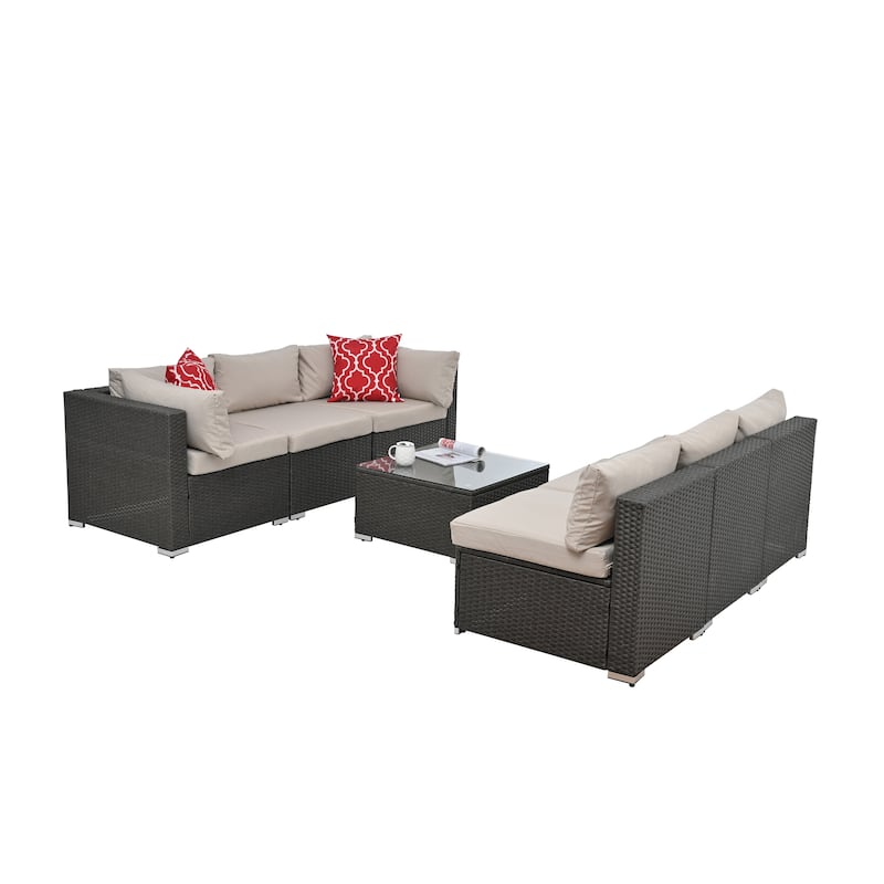 GDFStudio - Lisbon 7-Piece Outdoor PE Rattan Patio Set with Cushions and Square Tempered Glass Table, Seats 6