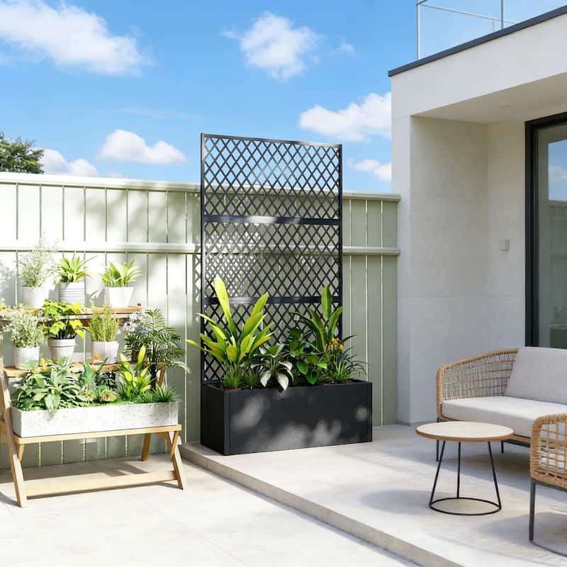 Decorative Planter Box with Diamond Lattice Trellis for Vining Plants