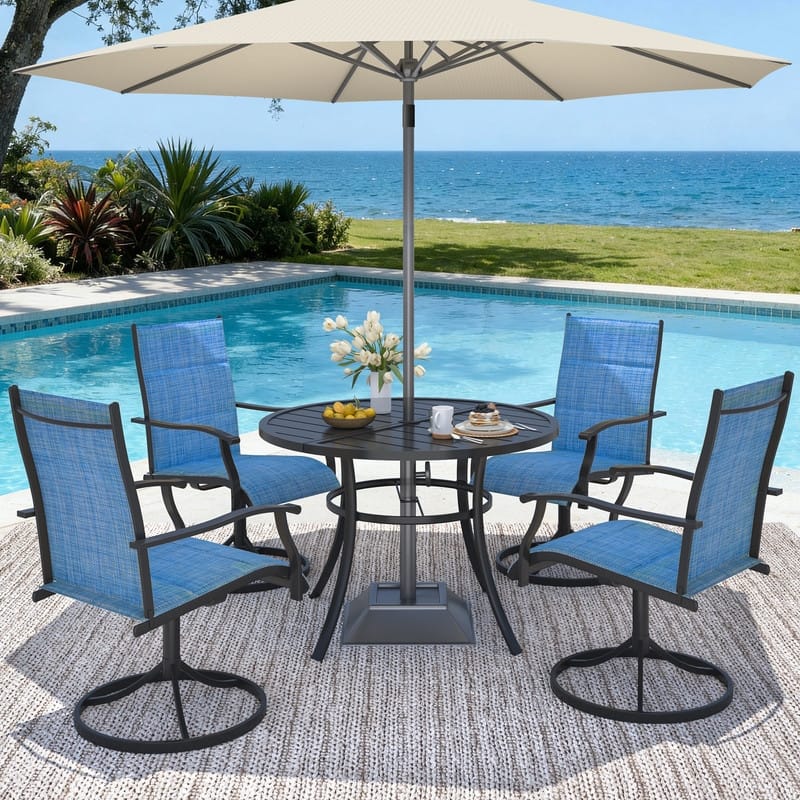 Patio Dining Set, Outdoor Dining Table and Chairs Set with Textilene Chairs, Adjustable Umbrella Hole for Garden, Backyard