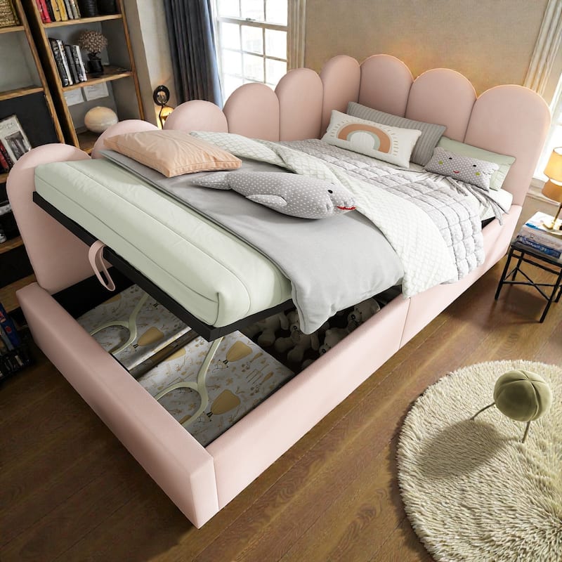 Twin Upholstered Daybed with Hydraulic Storage, Velvet Ottoman Sofa Bed with Metal Slatted Frame for Small Spaces