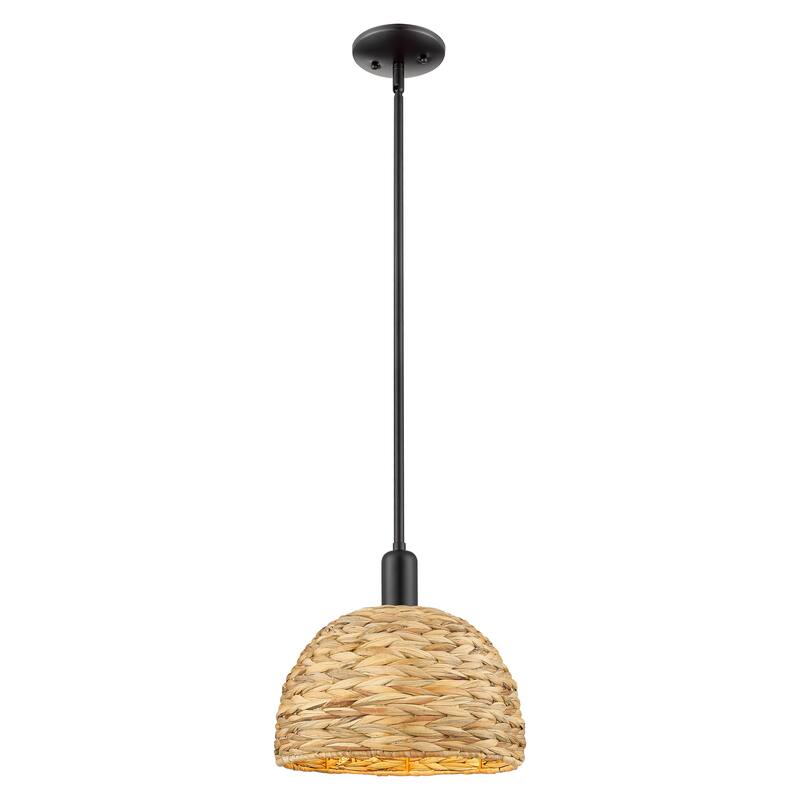 Innovations Lighting Endless Possibilities Arcadia - Woven Rattan - 1 Light 12" Stem Hung Mini Pendant - Matte Black