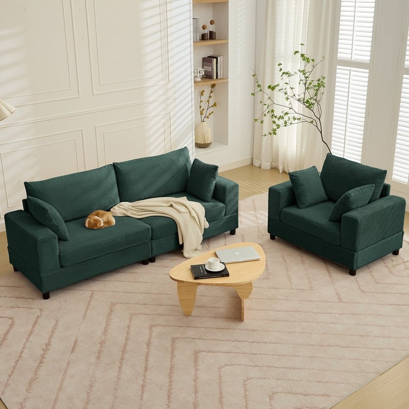 Mixoy Extra-Large Corduroy Upholstered Modular Sectional Sofa Set,Deep Seat Sleeper Chair with Ottoman - 2+1