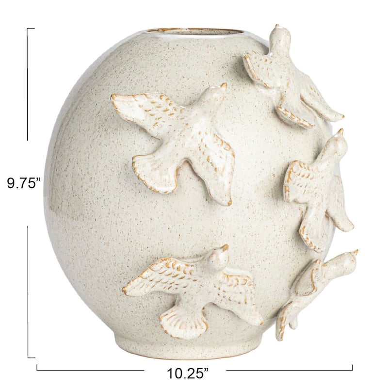 Stoneware Vase with Birds and Reactive Glaze