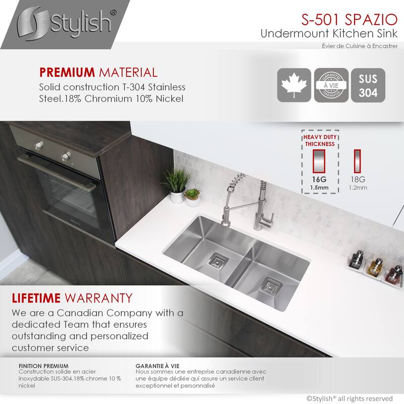 STYLISH 33 inches L x 18 inches W Stainless Steel Double Basin Undermount Kitchen Sink with Grids and Strainers