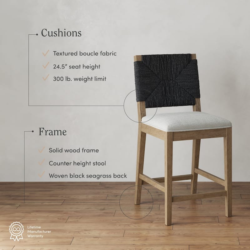 Beacon Bohemian Boucle Bar Stool, Upholstered Counter Height Chair with Solid Wood Frame and Woven Seagrass Back