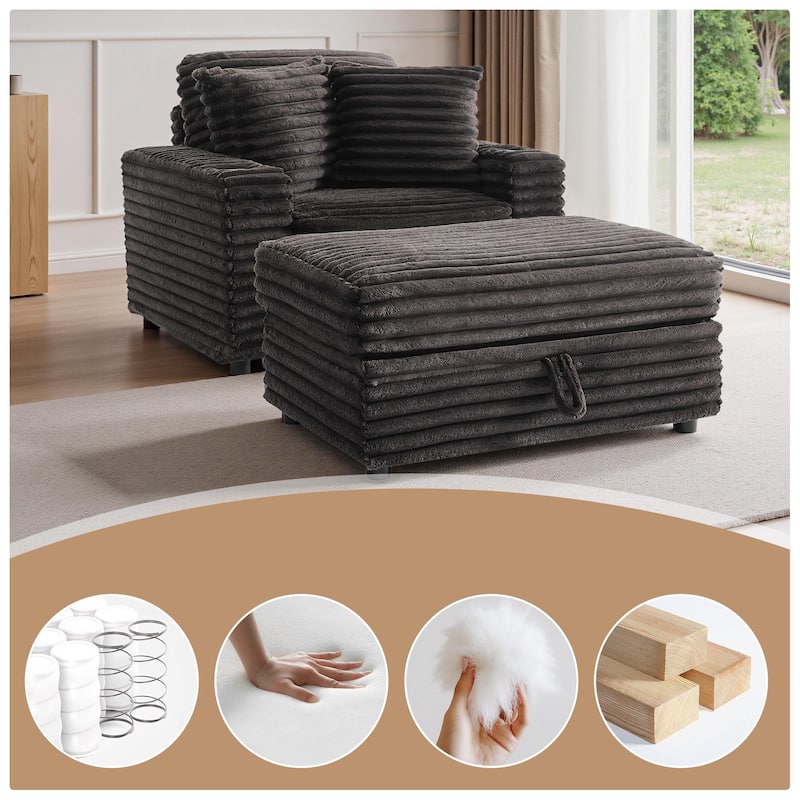 Modern Oversize Plush Corduroy Accent Chair Chaise Lounge with Storage Ottoman