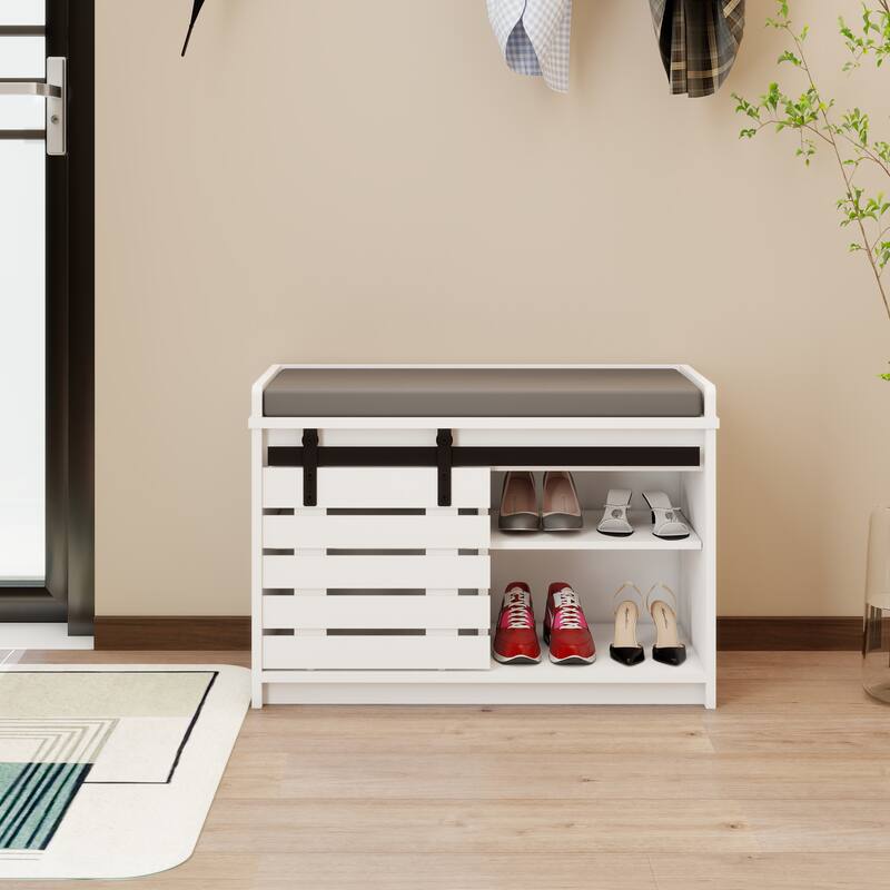 Modern Shoe Storage Bench, 2-Tier Entryway Bench with Sliding Barn Door & 2 Adjustable