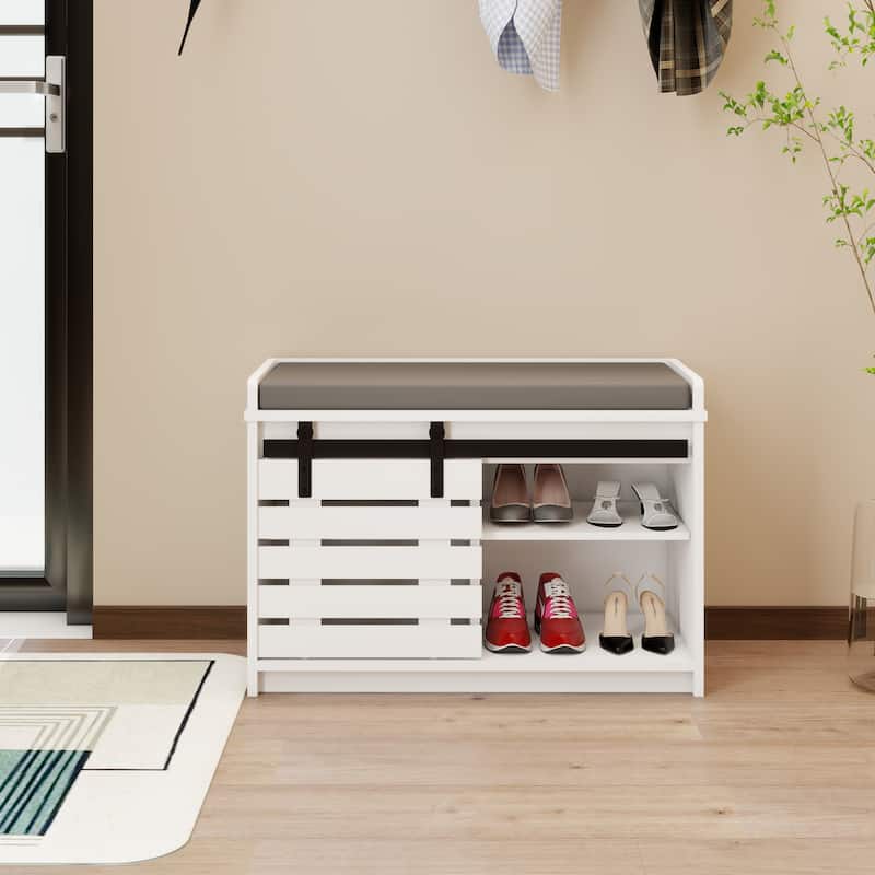 Shoe Storage Bench, 2-Tier Entryway Bench with Sliding Barn Door & 2 Adjustable Shelves & Full Soft Removable Seat Cushion