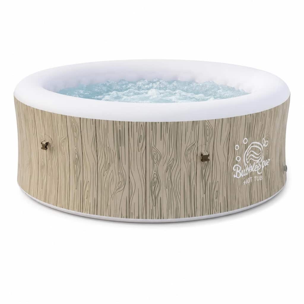 80" Round Wood Grain Inflatable Hot Tub 6-8 Person 140 Jets Spa with Heating & Cover