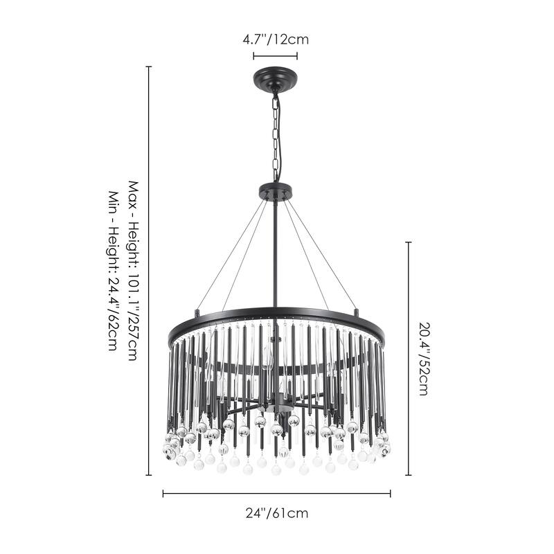 6-Light Modern Black Drum Raindrop Crystal Chandelier with Metal and Crystal Rods - 24.02 in. W x 31.5 in. H