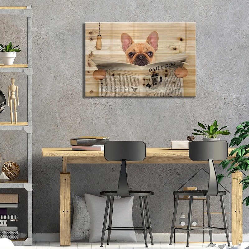 Dog On Toilet Seat Reading Newspaper V Print On Wood by damedeeso - Multi-Color