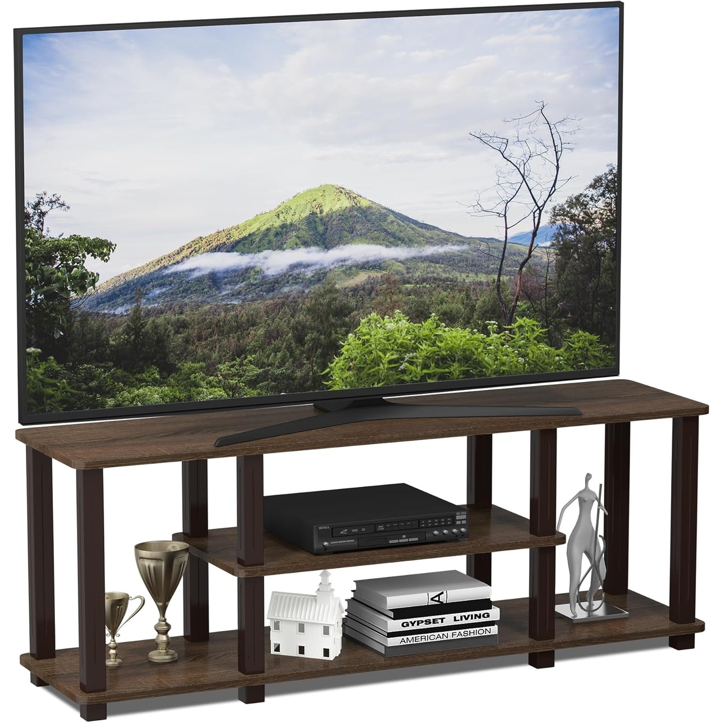 3D 3-Tier TV Stand for up to 50" TV, Square Tubes, Walnut/Brown