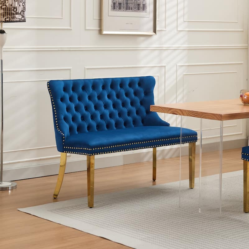 Velvet Double Dining Loveseat Bench, 2-Seat Tufted Bench w/Handmade Buttons, Wing Back, Gold-Plated Steel Legs,Single Pack - Blue