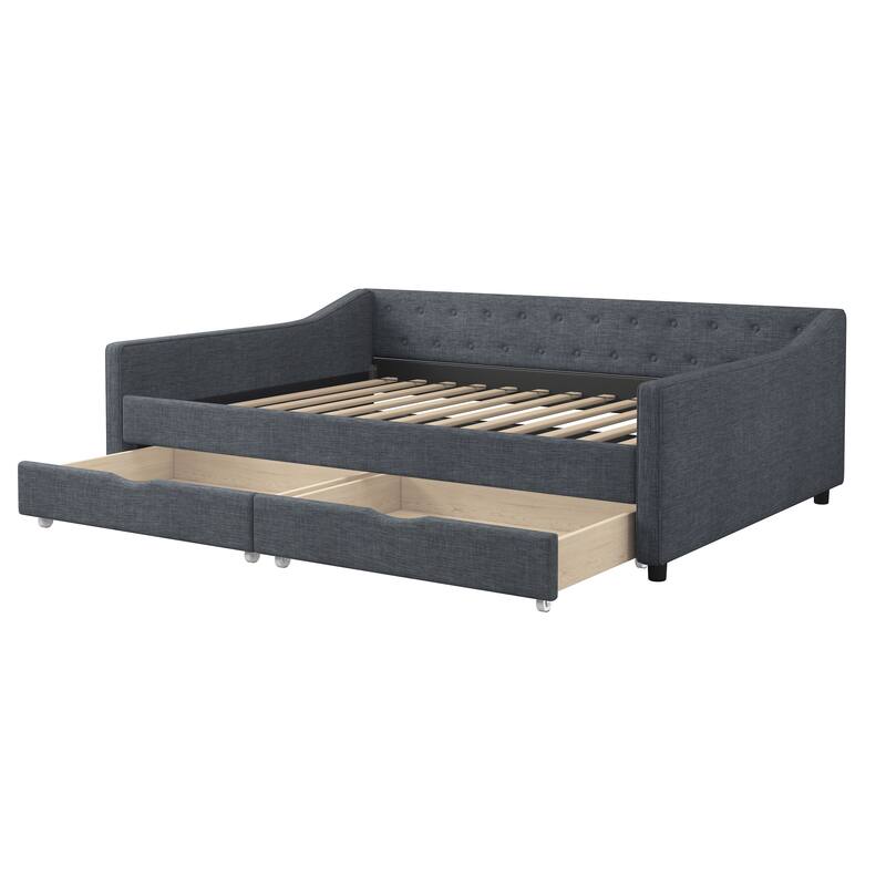 Modern Sofa Bed with Two Large Storage Drawers and Waved Arms Design