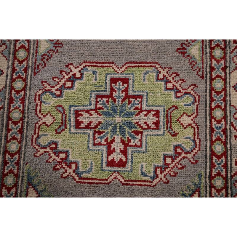 Grey Geometric Kazak Oriental Runner Rug Handmade Wool Carpet - 2'8" x 20'0"