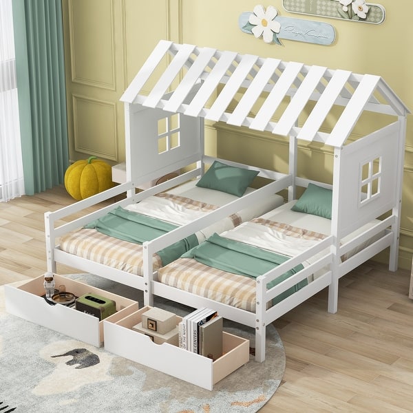 slide 2 of 18, Twin Size House Platform Beds with Two Drawers for Shared Rooms White