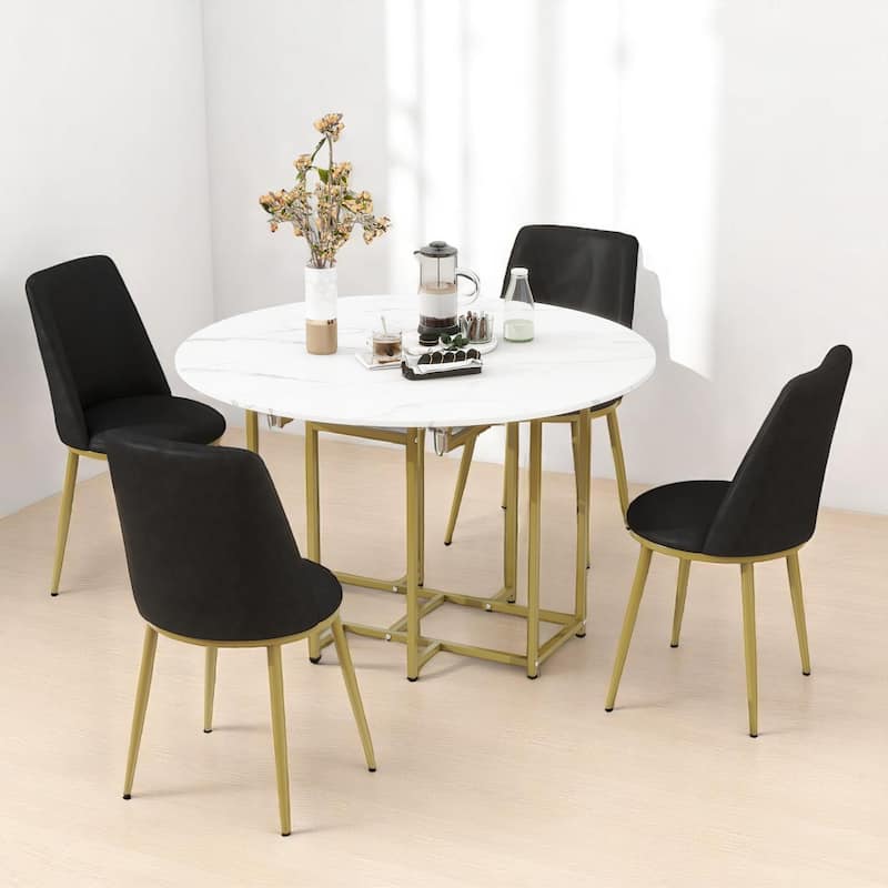 Modern Drop-Leaf 5-Piece Dining Set with Faux Marble Tabletop and Gold Metal Frame for Small Spaces - Black