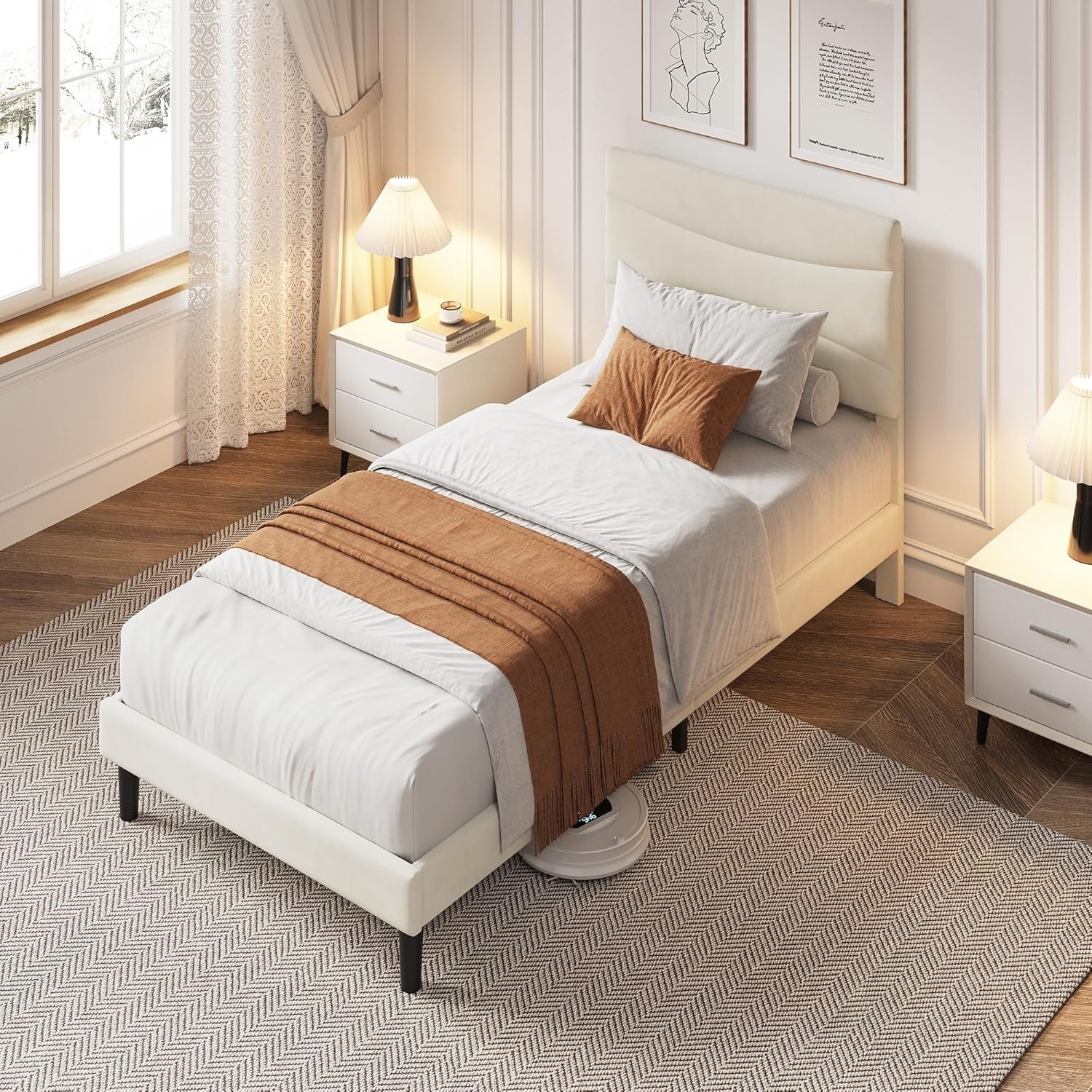 Twin Upholstered Bed Frame with Headboard, Platform Bed with Wood Slats Support, No Box Spring Needed, Beige Velvet