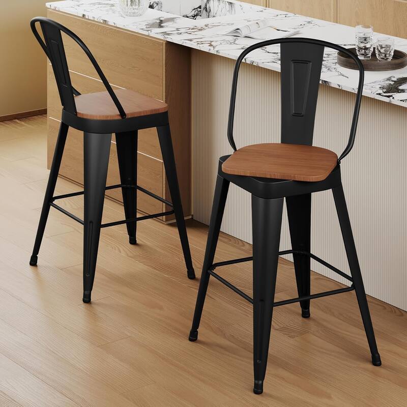 Swivel Counter Stools with Metal Frame Farmhouse Counter Chairs with High Back 24" Kitchen Bar Furniture Stools with Wooden Seat