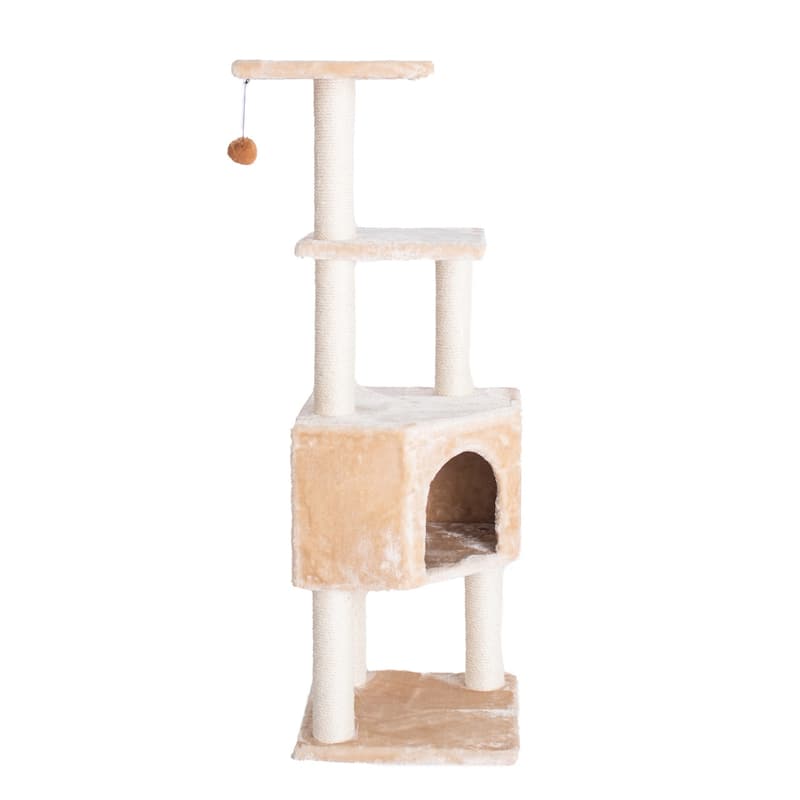 3 Levels Real Wood Cat Tower for Kittens Play 48 Height Beige