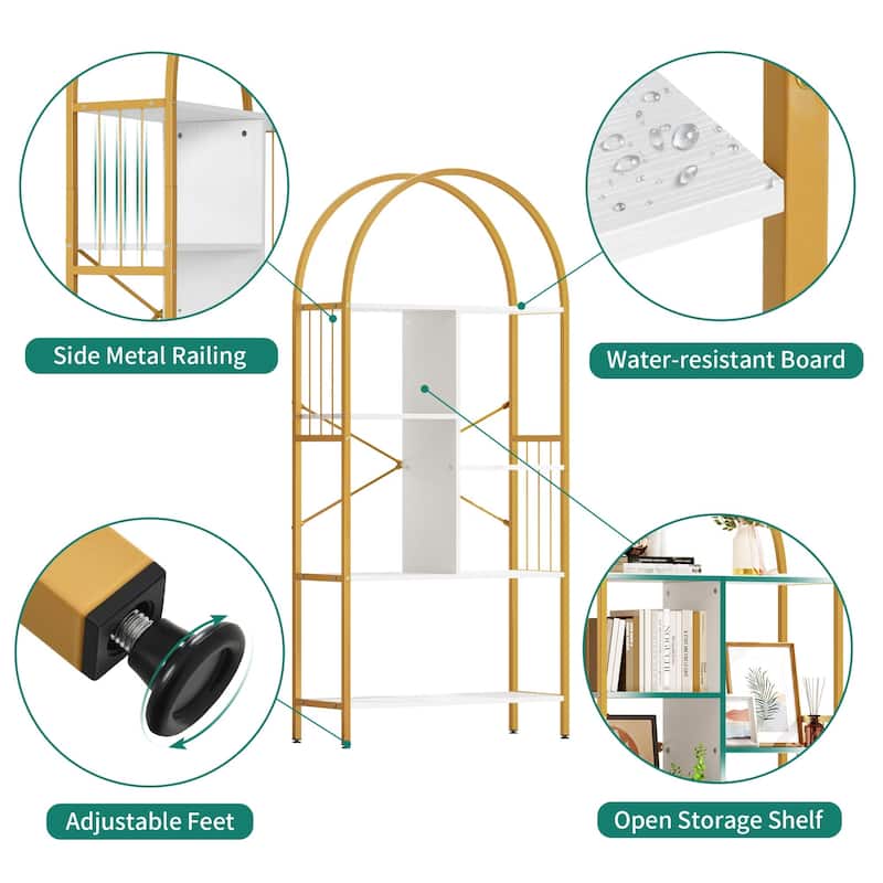 5-Tier Arched Bookshelf and Bookcase Gold Frame for Bedroom Living Room Office - 67"x31"