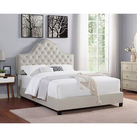 Roundhill Furniture Floris Portman Style Diamond Tufted Upholstered Bed with Nailhead in Tan