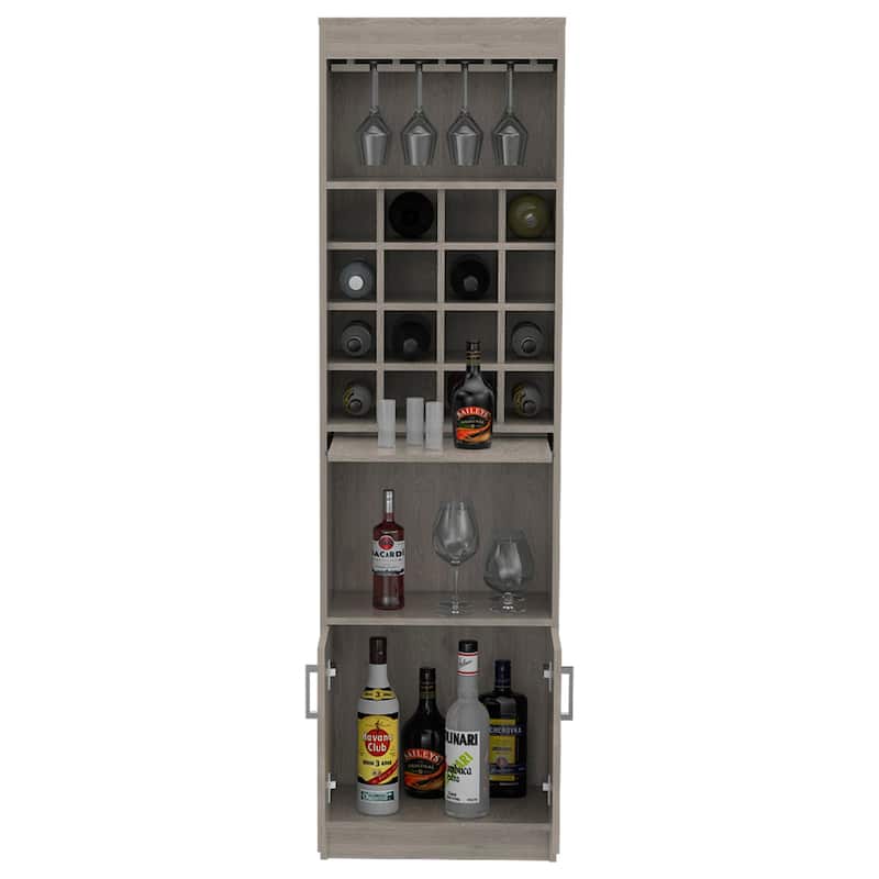 TUHOME Kava Bar Cabinet with 16 Wine Cubbies, 12 Glass Racks, 1 Shelf, Concealable Serving Tray, and Double Door - N/A