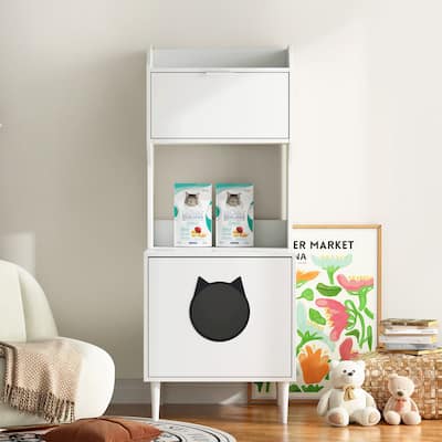 Litter Box Enclosure with Shelves&Doors,White Wooden Hidden Cat Litter Box,Industrial Indoor Cat House Pet Crate Storage Cabinet
