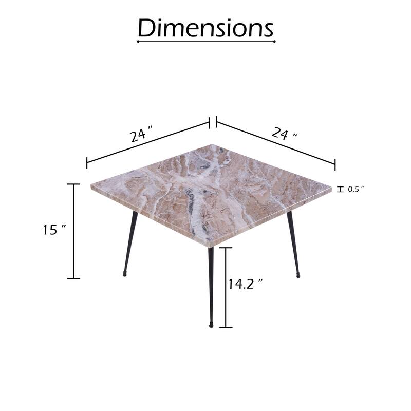 Taro Coffee Table, 24 Inch Square Taupe Brown Real Marble Top, Black Metal Legs