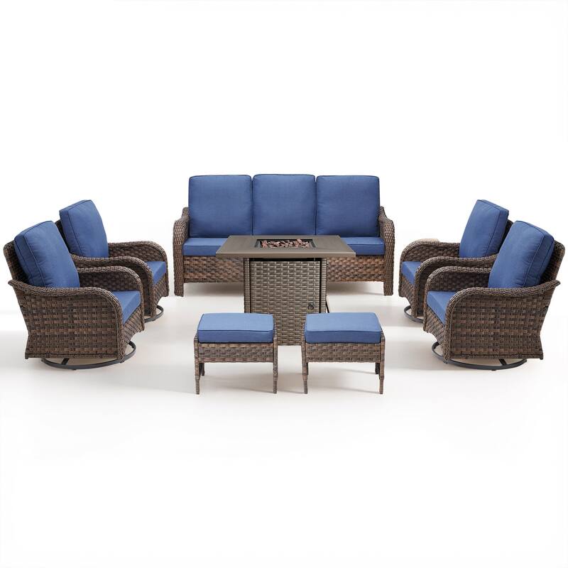 Pocassy Patio Funiture Sofa Swivel Chair Ottoman with Fire Table Set