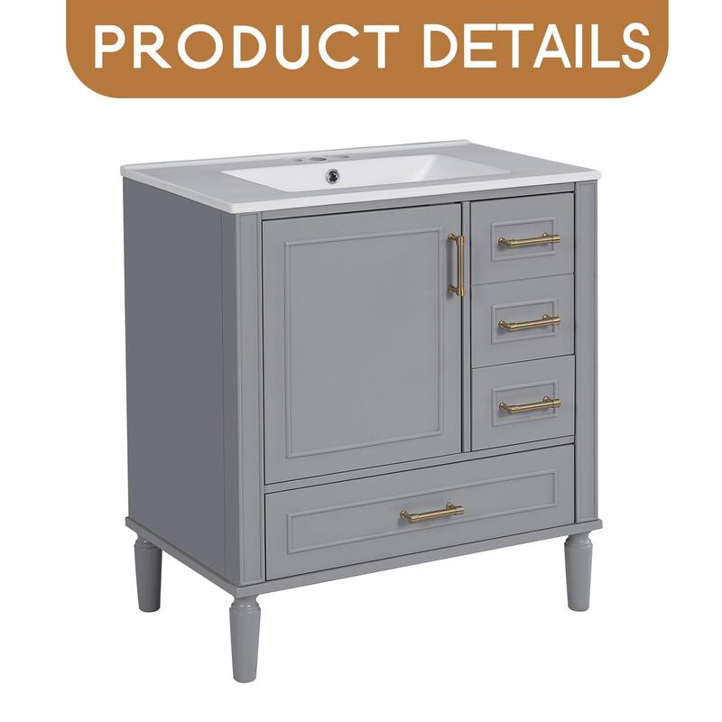Bathroom Vanity with Ceramic Sink, Soft-Close Door with Built-in Shelf, Deep Drawer, Standard Drawer, Long Divider Drawer