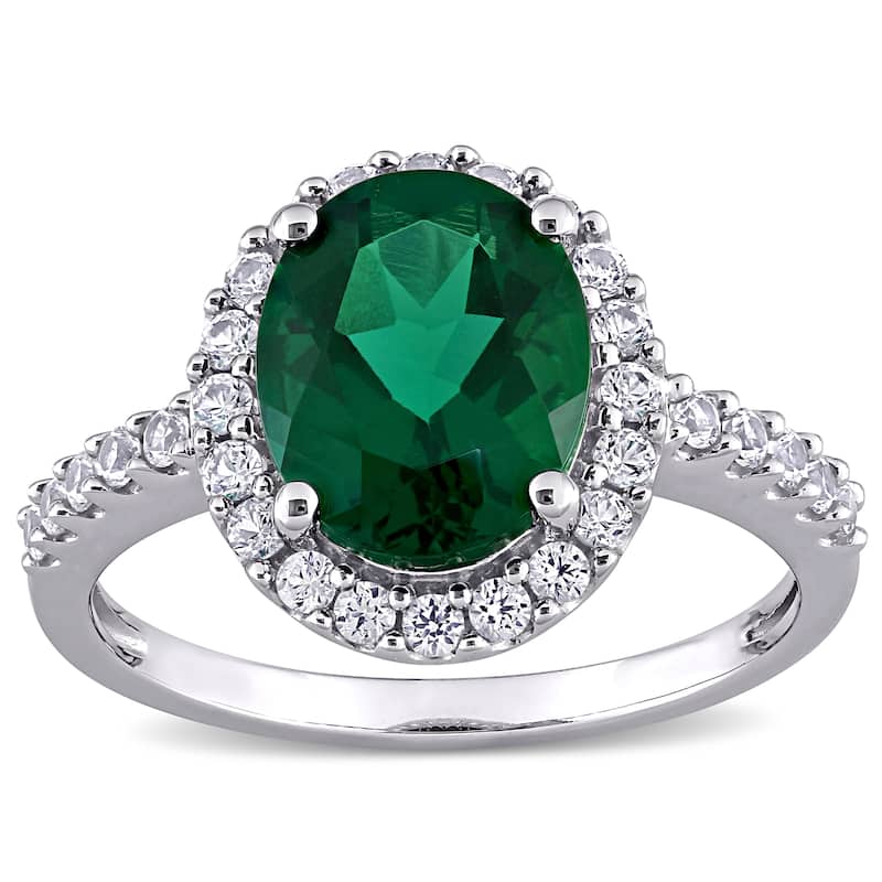 Miadora 10k White Gold Oval-cut Created Emerald and Created White Sapphire Halo Engagement Ring