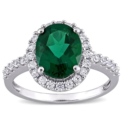 Miadora 10k White Gold Oval-cut Created Emerald and Created White Sapphire Halo Engagement Ring