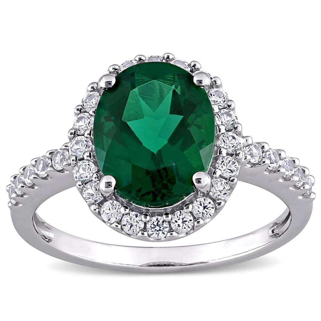 Miadora 10k White Gold Oval-cut Created Emerald and Created White Sapphire Halo Engagement Ring