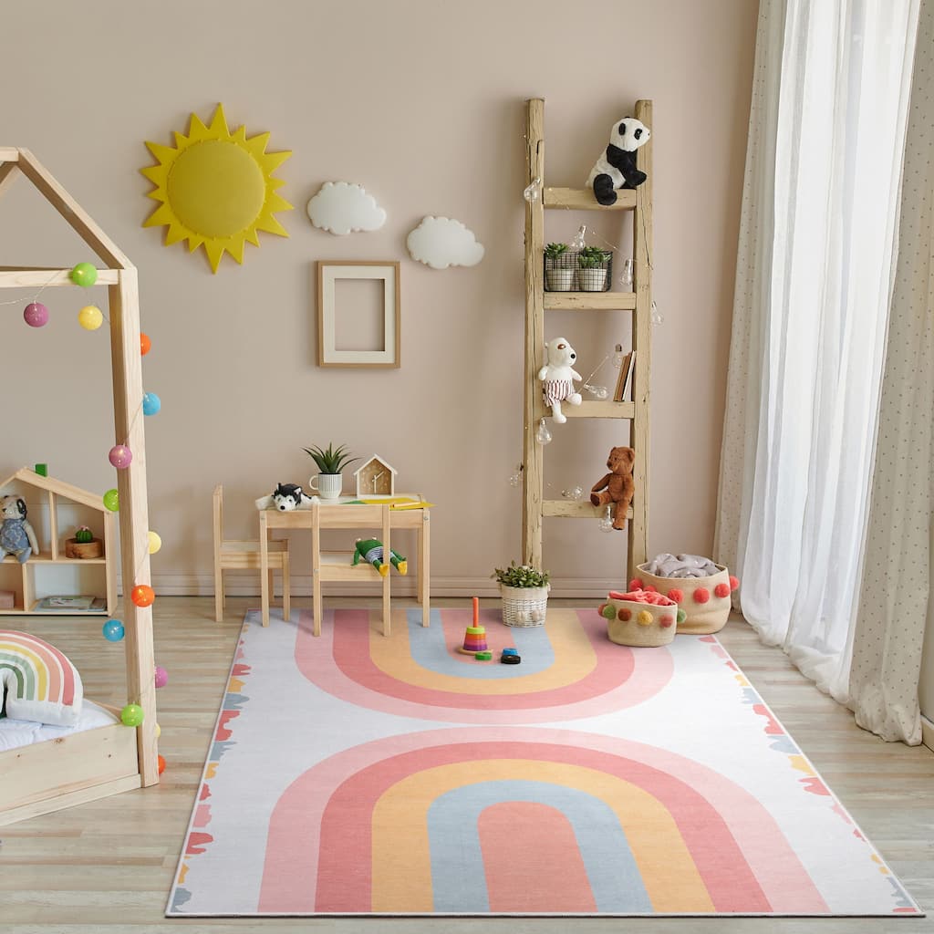 Well Woven Kids Rugs Crescent Rainbow Modern Machine Washable Area Rug
