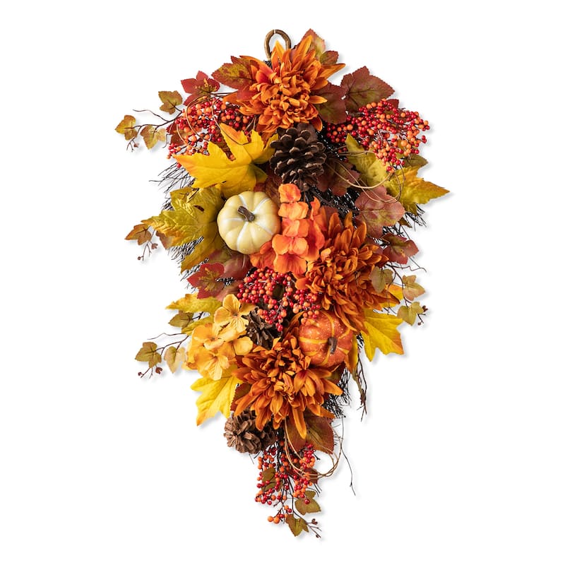 Glitzhome 26"H Fall Sunflower Pumpkin Lotus Leaf Teardrop Swag Wreath Thanksgiving - Dahlia